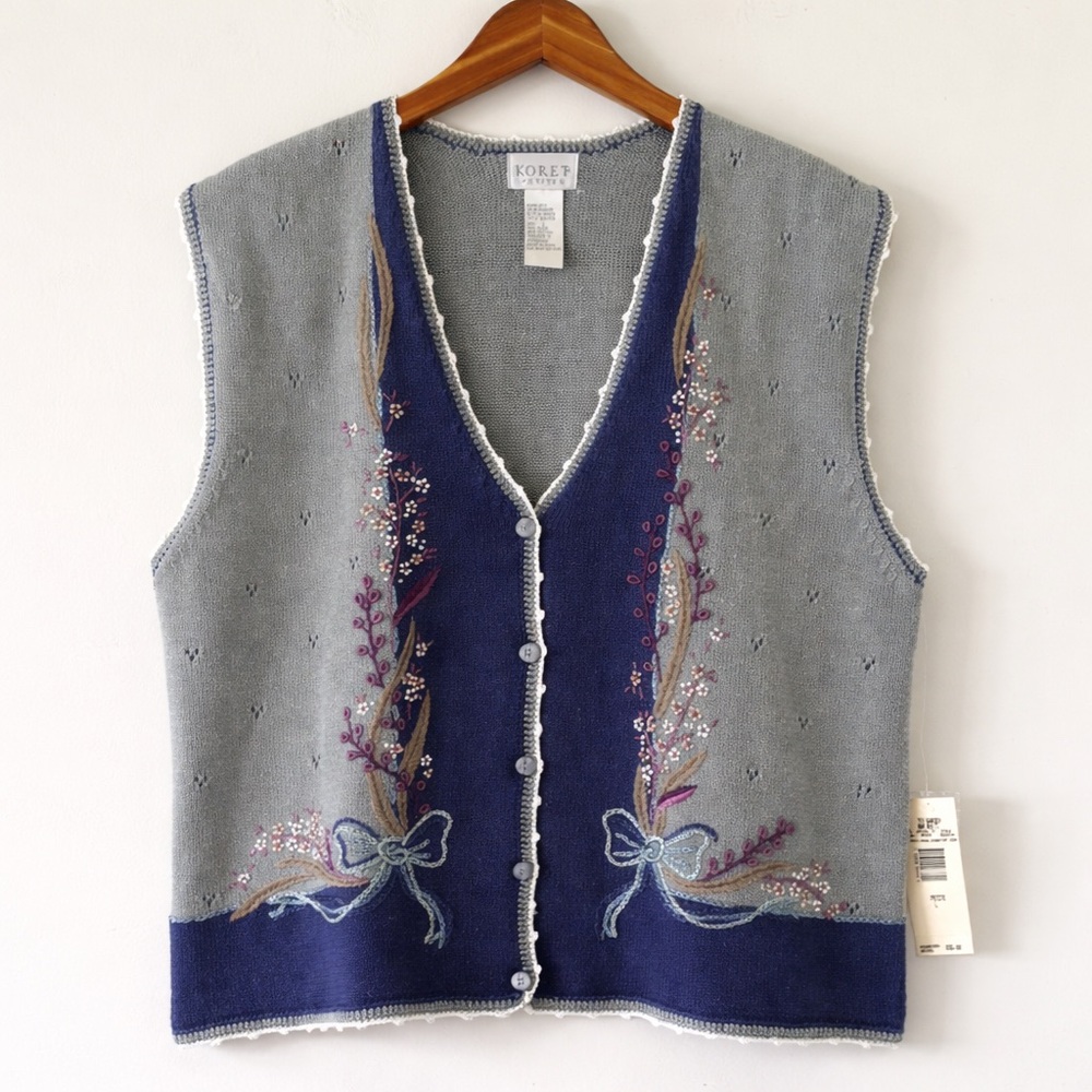 Koret Petite Embroidered Knit Vest Blue Gray‎ Floral Button Front Cottagecore PL